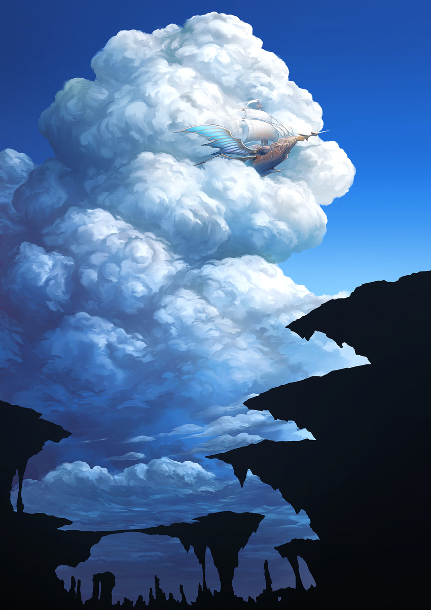 aircraft airship blue_sky cloud cloud_focus cloudy_sky commentary_request day fantasy flying highres no_humans outdoors photoshop_(medium) rock scenery ship silhouette sky watercraft wings yumemizuki