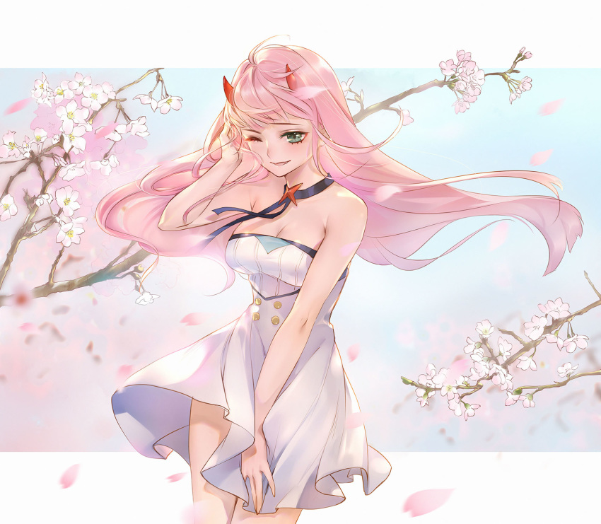 ahoge alternate_costume arm_up bare_arms bare_shoulders blue_sky blurry branch breasts cherry_blossoms chinese_commentary choker cleavage commentary_request contrapposto cowboy_shot darling_in_the_franxx day depth_of_field dress female floating_hair grey_eyes hand_in_own_hair highres horns large_breasts long_hair looking_at_viewer oerba_yun_fang one_eye_closed orry outdoors parted_lips petals photoshop_(medium) pink_hair ribbon_choker skirt_hold sky smile solo standing star_(symbol) swept_bangs very_long_hair white_dress wind wind_lift zero_two_(darling_in_the_franxx)