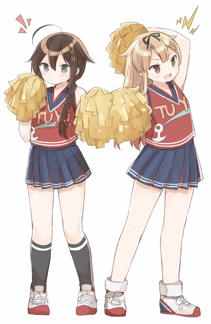 2girls ahoge alternate_costume anchor_symbol arm_up bad_id bad_twitter_id black_hair black_ribbon black_socks blonde_hair blue_eyes braid brown_eyes cheerleader commentary_request hair_between_eyes hair_flaps hair_ornament hair_over_shoulder hair_ribbon highres kantai_collection long_hair miniskirt multiple_girls murakami_meishi pleated_skirt pom_pom_(cheerleading) ribbon shigure_(kancolle) shigure_kai_ni_(kancolle) shoes simple_background single_braid skirt socks white_background yuudachi_(kancolle) yuudachi_kai_ni_(kancolle)