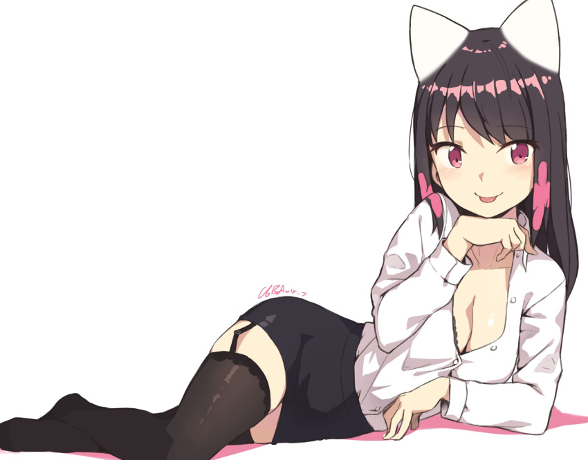 animal_ears artist_name bad_id bad_twitter_id black_legwear black_skirt blush breasts brown_hair buttons cat_ears cleavage cloba collarbone commentary english_commentary fake_animal_ears female full_body garter_straps highres inactive_account legs long_hair long_sleeves looking_at_viewer lying on_side original pencil_skirt pink_eyes pink_hair player_2_(cloba) shirt simple_background skirt strap_gap teacher thighhighs tongue tongue_out white_background white_shirt