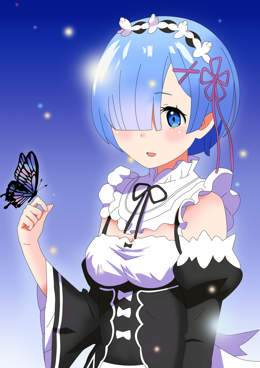 absurdres blue_eyes blue_hair breasts bug butterfly butterfly_on_hand cleavage commentary_request detached_sleeves female hair_ribbon highres knightstar maid medium_breasts open_mouth photoshop_(medium) purple_ribbon re:zero_kara_hajimeru_isekai_seikatsu rem_(re:zero) ribbon roswaal_mansion_maid_uniform short_hair solo