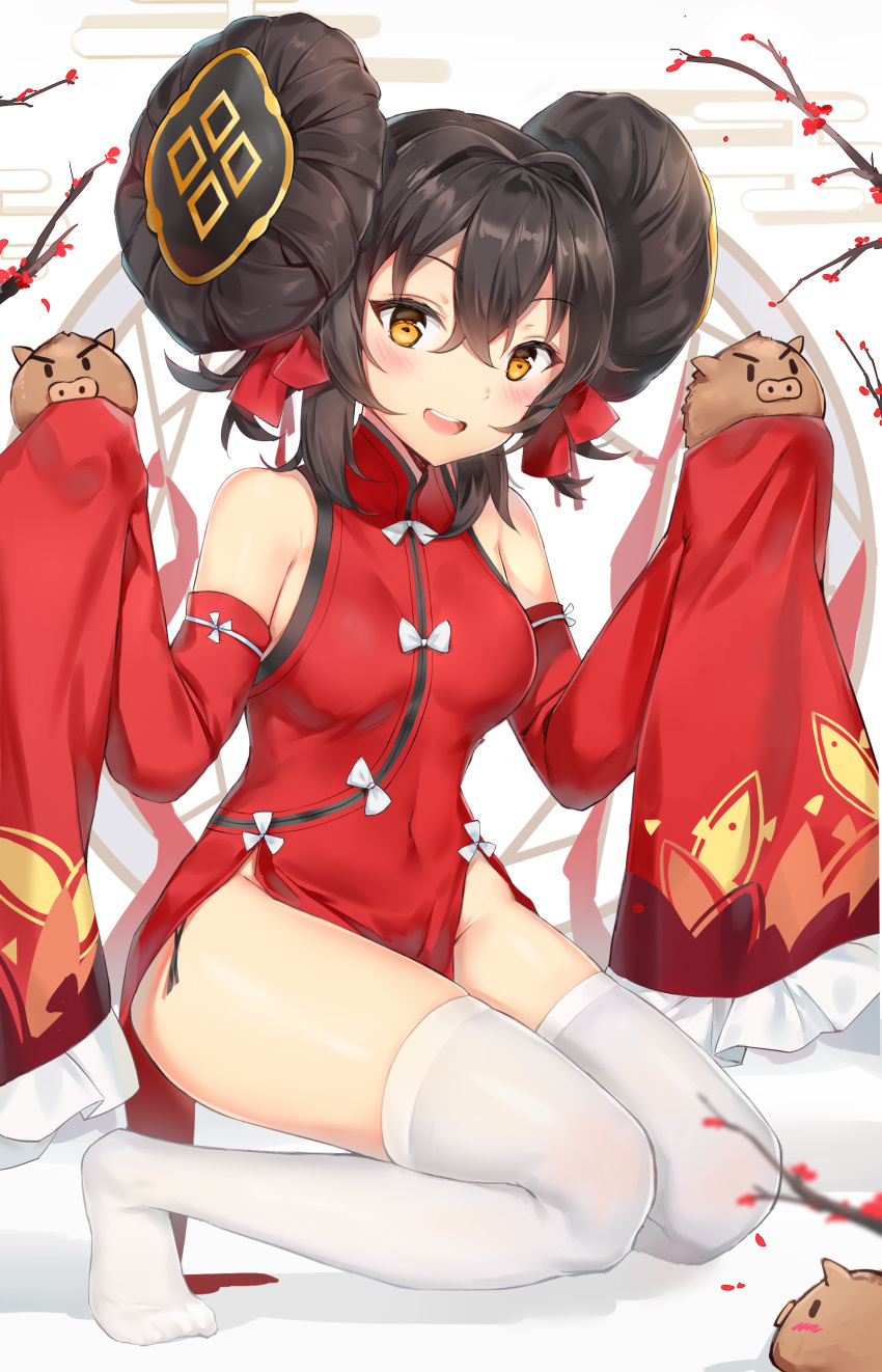 absurdres animal bare_shoulders black_hair blush boar bow bowl branch china_dress chinese_clothes commentary_request covered_navel detached_sleeves double_bun dress female flower frilled_sleeves frills ginn_(hzh770121) girls'_frontline hair_between_eyes hair_bun hair_intakes hair_ribbon highres holding holding_animal looking_at_viewer no_panties no_shoes official_alternate_costume open_mouth pelvic_curtain red_dress red_ribbon ribbon side_slit sidelocks sleeves_past_fingers sleeves_past_wrists solo squatting thighhighs thighs tight_clothes type_97_(girls'_frontline) type_97_(peony)_(girls'_frontline) white_bow white_thighhighs yellow_eyes