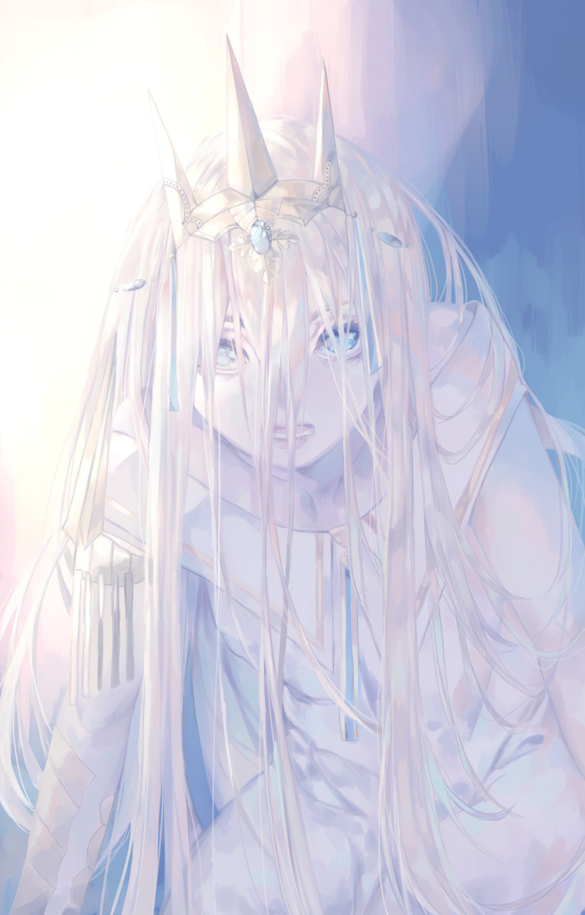 absurdres blue_background blue_eyes blue_theme commentary_request crown female fortisselle gradient_background highres long_hair looking_at_viewer muted_color open_mouth sophia_(the_champion) the_champion white_background white_hair