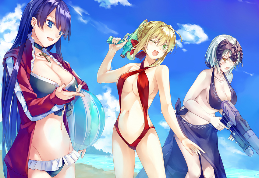 3girls :d ;d ahoge ball beach beachball bikini black_bikini blonde_hair blue_eyes blue_sky blush braid breasts cleavage cloud cloudy_sky collarbone commentary_request d: day fate/extra fate/extra_ccc fate/grand_order fate_(series) french_braid green_eyes grey_hair hair_intakes hair_ribbon hand_up headpiece holding hood hoodie jeanne_d'arc_alter_(avenger)_(fate) jeanne_d'arc_alter_(fate) large_breasts leaning_forward long_hair martha_(fate) martha_(swimsuit_ruler)_(fate) martha_(swimsuit_ruler)_(second_ascension)_(fate) medium_breasts multiple_girls navel nero_claudius_(fate) nero_claudius_(fate/extra) nero_claudius_(red_lightning)_(fate) official_alternate_costume one_eye_closed open_clothes open_hoodie open_mouth outdoors photoshop_(medium) purple_hair red_ribbon red_slingshot_swimsuit ribbon saijou_haruki sarong short_hair sidelocks sky slingshot_swimsuit smile standing swimsuit thighs trigger_discipline v-shaped_eyebrows very_long_hair water_gun yellow_eyes