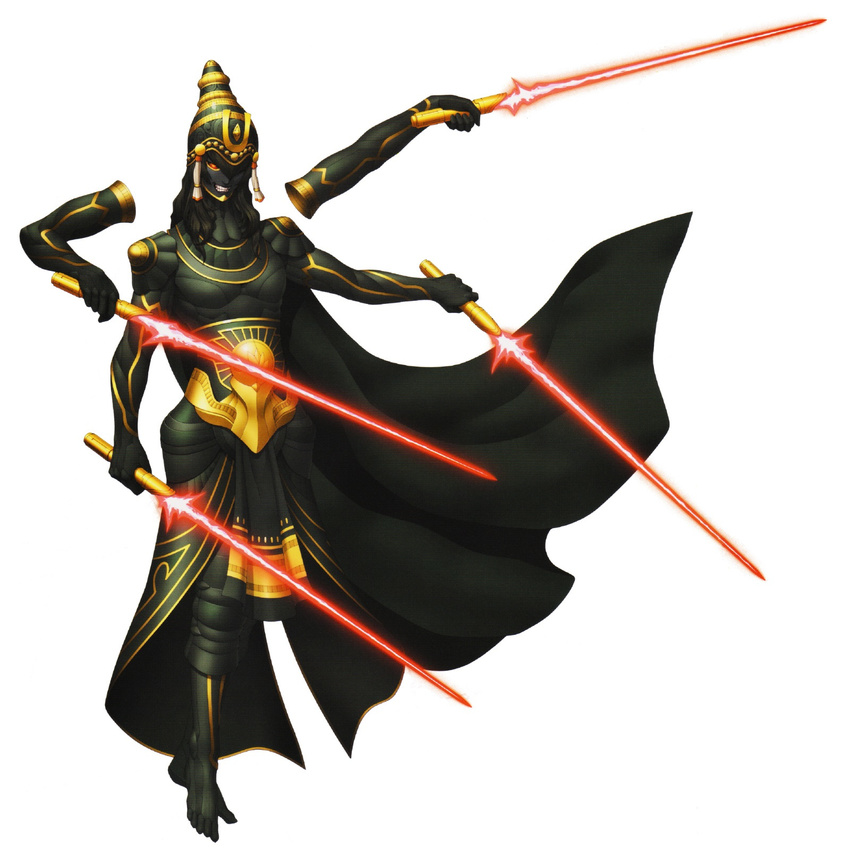 black_hair black_skin cape colored_skin commentary detached_arm disembodied_hand doi_masayuki energy_sword evil_grin evil_smile extra_arms flynn_(megami_tensei) fusion grin highres krishna_(megami_tensei) lightsaber long_hair official_art quadruple_wielding red_eyes shin_megami_tensei shin_megami_tensei_iv shin_megami_tensei_iv_final smile spoilers standing sword vishnuflynn weapon