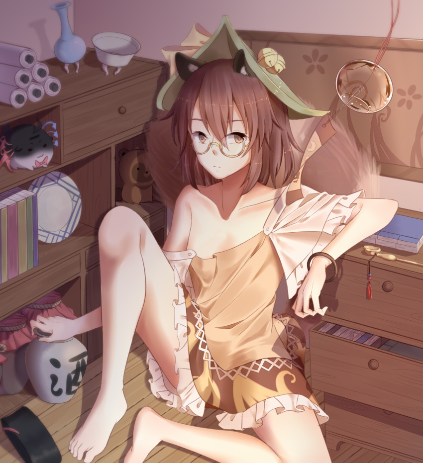 animal_ear_fluff animal_ears asymmetrical_wings bangle bare_shoulders barefoot bell bloomers blue_wings book bow bracelet brown_eyes brown_hair brown_shirt brown_skirt collarbone commentary_request drawer female flat_chest frilled_sleeves frills futatsuiwa_mamizou glasses green_hat hair_between_eyes hat hat_bell hat_bow highres houjuu_nue indoors jar jewelry jingle_bell kiseru knee_up looking_at_viewer miniskirt minuo off_shoulder raccoon_ears raccoon_tail red_bow red_wings round_eyewear scroll shadow shirt short_hair short_sleeves sitting skirt smoking_pipe solo stuffed_animal stuffed_raccoon stuffed_toy sukusuku_hakutaku tail thighs tokkuri touhou translation_request underwear white_bloomers wind_chime wings wooden_floor yellow-framed_eyewear yellow_bow