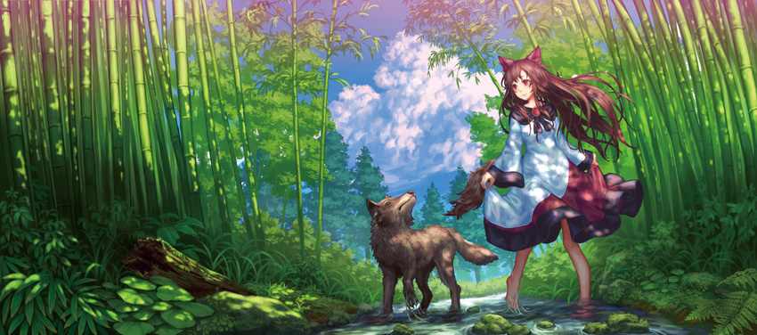 animal animal_ears bamboo bamboo_forest bare_legs barefoot blue_sky brown_hair cloud cloudy_sky commentary_request day dress female forest highres imaizumi_kagerou long_hair long_sleeves nature outdoors photoshop_(medium) red_eyes scenery sky tail touhou wading wasabichan wolf wolf_ears wolf_tail