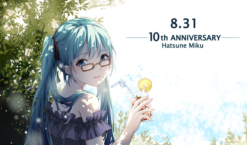 alternate_costume anniversary aqua_hair bespectacled blue_eyes casual commentary_request day drinking drinking_straw female food fruit glasses hatsune_miku highres lambobo lemon lemon_slice long_hair looking_back outdoors photoshop_(medium) smile solo sunlight twintails very_long_hair vocaloid