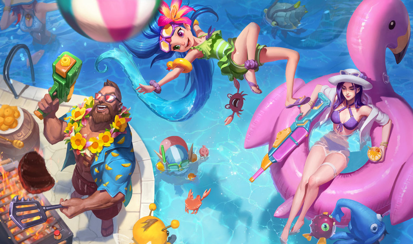 :d alternate_costume alternate_hair_color bare_arms bare_hips bare_shoulders barefoot beard beemo bikini bird bracelet breasts caitlyn_(league_of_legends) cleavage cleavage_cutout clothing_cutout colored_skin crab day duck eyewear_on_head facial_hair fish flat_chest flip-flops flower gangplank_(league_of_legends) goggles green_eyes grill hair_flower hair_ornament hat heart heterochromia holding holding_water_gun innertube jewelry large_breasts league_of_legends lips long_hair long_legs lulu_(league_of_legends) lying miss_fortune_(league_of_legends) multiple_boys multiple_girls navel one-piece_swimsuit open_mouth outdoors pool pool_party_(league_of_legends) pool_party_caitlyn pool_party_gangplank pool_party_lulu pool_party_miss_fortune pool_party_ziggs pool_party_zoe purple_eyes purple_hair purple_skin red_hair ribbon rift_scuttler sandals smile squid_hat sunglasses swim_ring swimsuit teemo very_long_hair water water_gun yordle ziggs zoe_(league_of_legends)