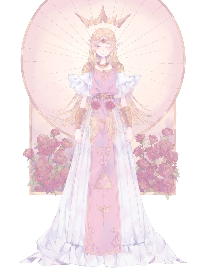 armor bad_id bad_twitter_id belt blonde_hair blush dress female flower forehead_protector fortisselle full_body gown half-closed_eye highres jewelry long_dress long_hair looking_at_viewer necklace one_eye_closed pointy_ears princess princess_zelda rose short_sleeves shoulder_armor solo super_smash_bros. the_legend_of_zelda the_legend_of_zelda:_a_link_between_worlds triforce white_dress wide_sleeves