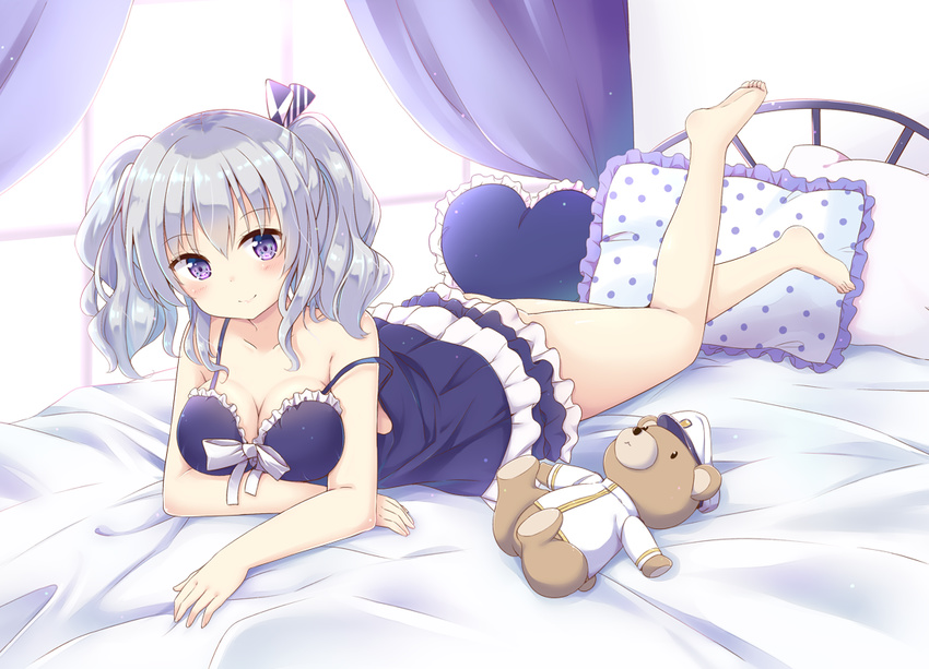 alternate_costume barefoot bed blush breasts cleavage closed_mouth commentary_request curtains female frilled_pillow frills full_body grey_hair hat heart heart-shaped_pillow indoors kantai_collection kashima_(kancolle) large_breasts lying nightgown on_bed on_stomach peaked_cap pillow polka_dot_pillow purple_eyes smile solo strap_slip stuffed_animal stuffed_toy teddy_bear twintails uniform window yoshikita_popuri