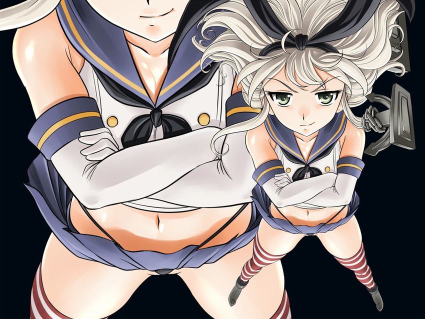 anchor_hair_ornament black_panties blonde_hair collarbone crossed_arms elbow_gloves female female full_body game_cg glamour_works gloves green_eyes hair_ornament highleg highleg_panties highres kantai_collection legs_apart long_hair looking_at_viewer messy_hair midriff miniskirt navel neckerchief outdoors panties pleated_skirt rensouhou-chan school_uniform shimakaze_(kantai_collection) skirt smile smirk solo standing striped striped_legwear thighhighs thong underwear uniform wind wind_lift