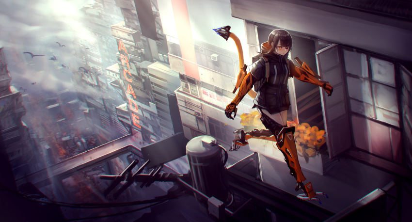 backpack bag bird black_hair blush building city commentary_request cyberpunk cyborg day eyepatch female high_collar highres mechanical_arms mechanical_tail mihato_senba neon_lights orange_eyes original prosthesis science_fiction short_hair_with_long_locks solo sumi_elias swept_bangs tail