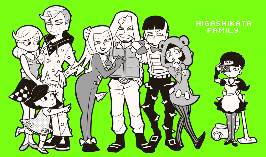 4girls 5boys animal_ears bear_ears beard belt_buckle bodysuit bow bowtie buckle camera commentary_request dress facial_hair fake_animal_ears family fingerless_gloves gloves green_background hand_on_own_hip hat higashikata_daiya higashikata_hato higashikata_jobin higashikata_joshu higashikata_mitsuba higashikata_norisuke_iv higashikata_tsurugi hood hoodie jojo_no_kimyou_na_bouken jojolion leaning_forward lipstick maid makeup monochrome multiple_boys multiple_girls nijimura_kei open_mouth otoko_no_ko pantyhose paper_airplane paper_moon_king pouty_lips skirt smile stand_(jojo) striped_clothes striped_pantyhose tattoo throwing tsunoji vacuum_cleaner vertical-striped_clothes vertical-striped_pantyhose