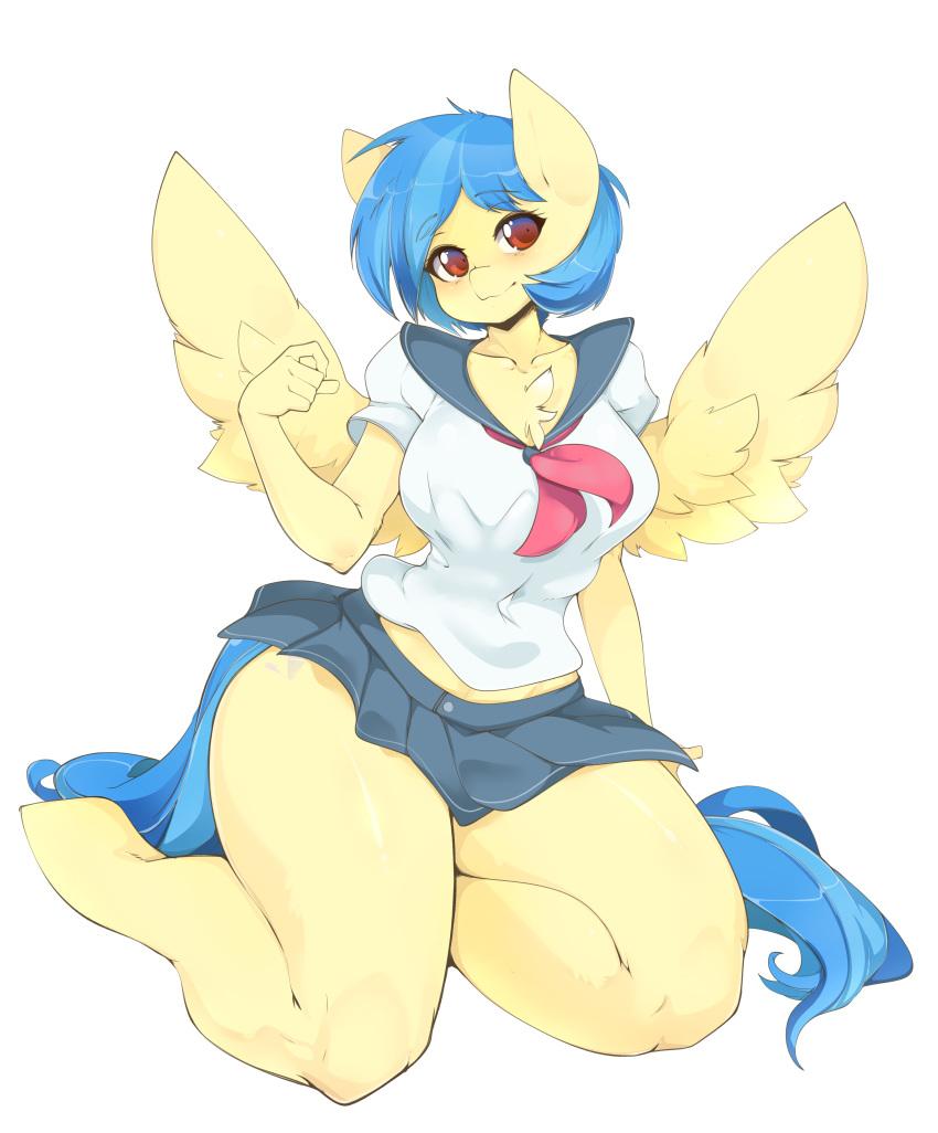 absurd_res alpha_channel anthro asian_clothing biped blue_hair bottomwear breasts brown_eyes chest_tuft clothed clothing curvy_figure cutie_mark east_asian_clothing equid equine fan_character feathered_wings feathers female fully_clothed hair hasbro hi_res japanese_clothing japanese_school_uniform kneeling looking_at_viewer mammal multicolored_hair my_little_pony mythological_creature mythological_equine mythology pegasus school_uniform serafuku silvia_windmane simple_background skirt slugbox solo thick_thighs transparent_background tuft two_tone_hair uniform voluptuous wide_hips wings