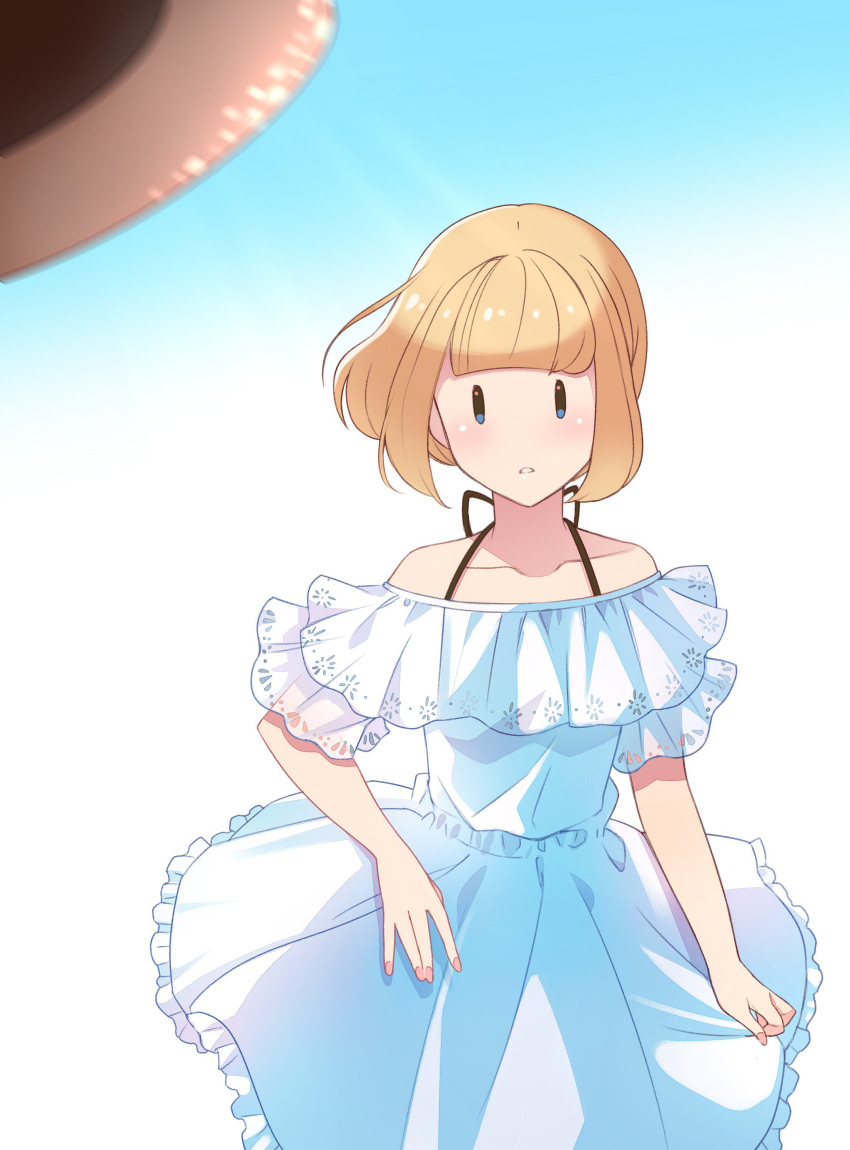 absurdres bad_id bad_twitter_id blonde_hair blouse blush casual collarbone dress female floating_hair hakka0320 hat highres off-shoulder_dress off_shoulder parted_lips shirt short_hair sun_hat uchi_emiri unworn_hat unworn_headwear watashi_ga_motenai_no_wa_dou_kangaetemo_omaera_ga_warui! |_|