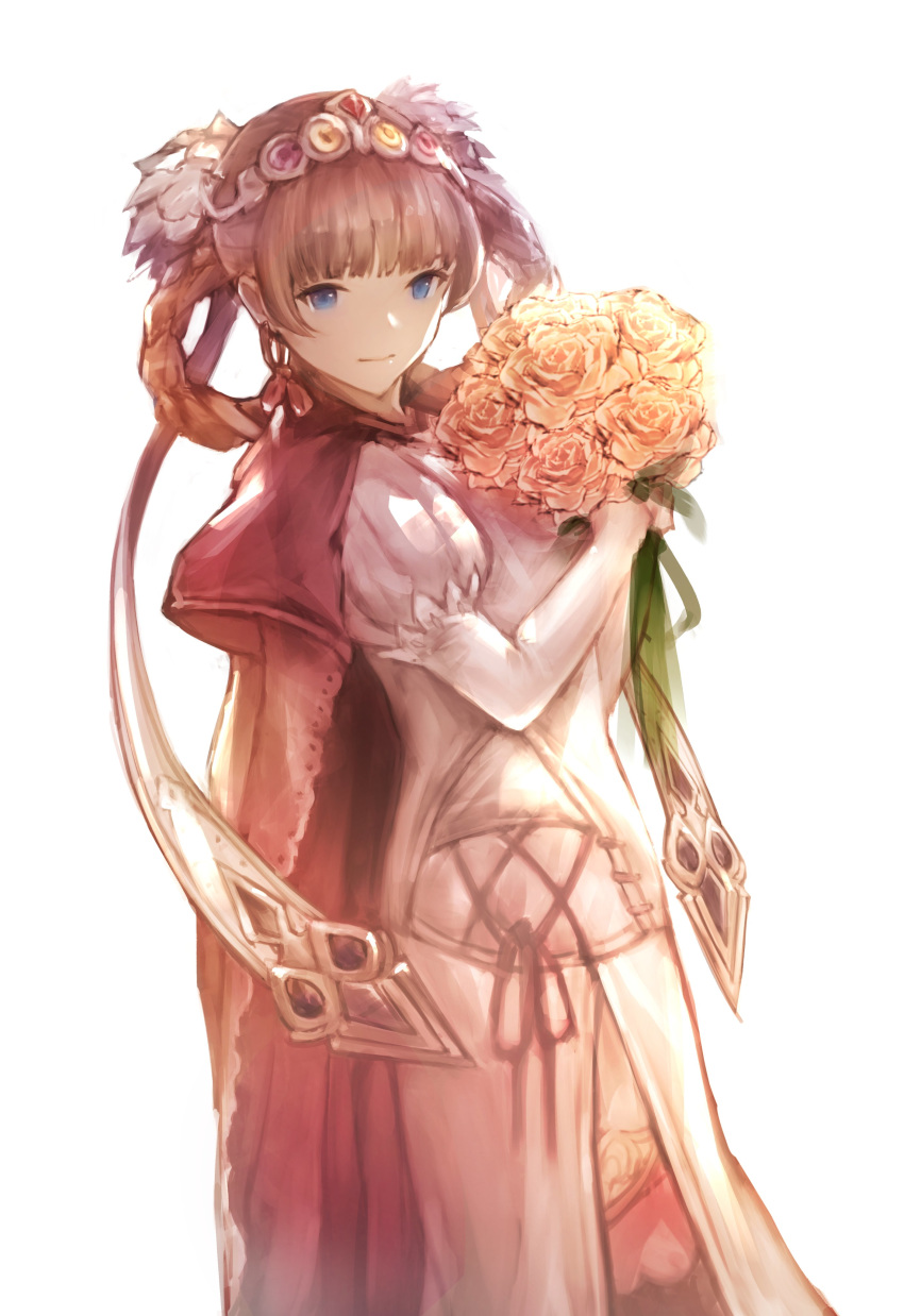 absurdres bad_id bad_twitter_id blue_eyes blunt_bangs bouquet braid braided_hair_rings breasts brown_hair cape closed_mouth commentary dress elbow_gloves female flower gloves granblue_fantasy hair_ornament hair_rings hairband highres holding holding_bouquet jewelry juliet_(granblue_fantasy) lala_(0915_yu) long_hair medium_breasts pink_hair red_cape ribbon solo white_background white_dress white_gloves