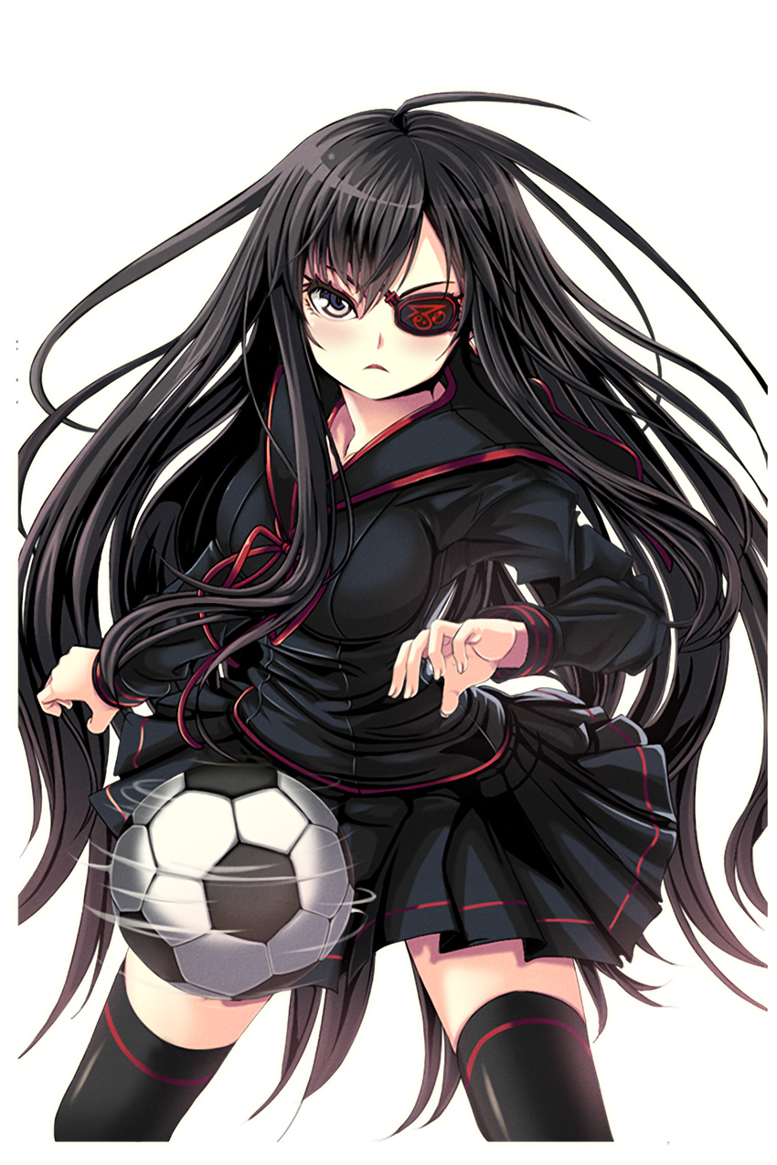 ahoge ball black_hair black_skirt bora_(soccer_spirits) eyepatch female grey_eyes highres imageboard_desourced long_hair looking_at_viewer non-web_source official_art reason_(ficafe) skirt soccer_ball soccer_spirits solo standing transparent_background