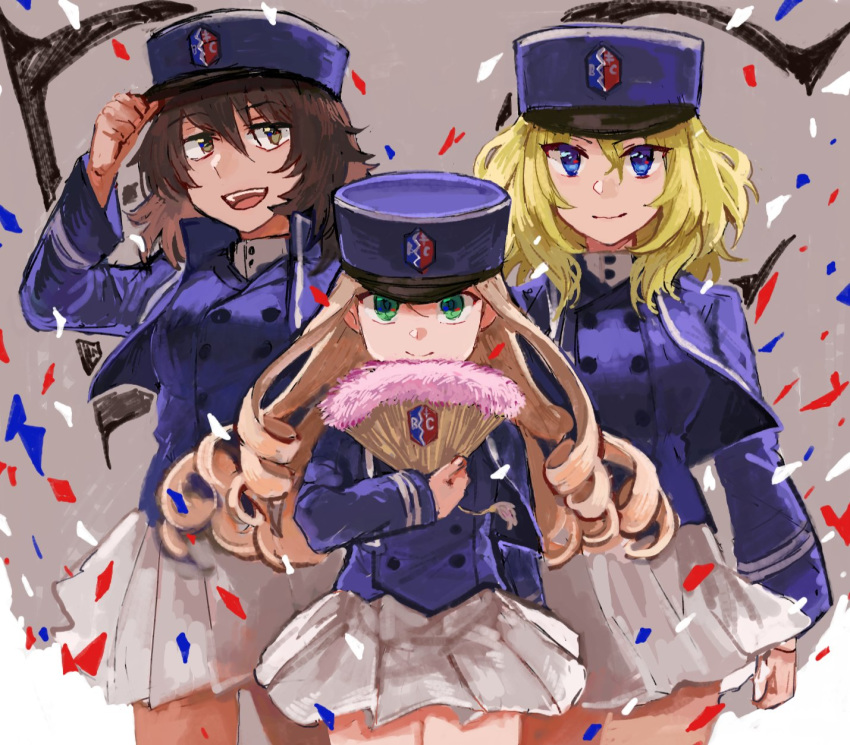 adjusting_hair andou_(girls_und_panzer) bad_id bad_twitter_id bc_freedom_(emblem) bc_freedom_military_uniform blonde_hair blue_eyes bouquet brown_eyes brown_hair confetti dark-skinned_female dark_skin drill_hair emblem flower girls_und_panzer green_eyes hair_between_eyes hat highres long_hair marie_(girls_und_panzer) oshida_(girls_und_panzer) painterly skirt smile tamawo_(mu_gi2) white_skirt