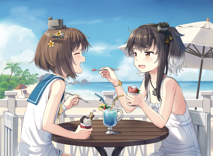 2girls :3 :d ^_^ alternate_costume anchor_symbol bad_id bad_pixiv_id beach beach_umbrella bendy_straw black_hair bracelet brown_eyes brown_hair chair closed_eyes cnm cup day dress drinking_glass drinking_straw facing_another feeding flower food from_side gradient_hair grey_hair hair_flower hair_ornament hairband hat headgear holding holding_food holding_spoon ice_cream jewelry kantai_collection looking_at_another mini_hat multicolored_hair multiple_girls open_mouth outdoors plumeria profile sailor_dress short_hair short_hair_with_long_locks sidelocks sitting sleeveless sleeveless_dress smile spoon table tokitsukaze_(kancolle) umbrella white_dress yellow_flower yukikaze_(kancolle)