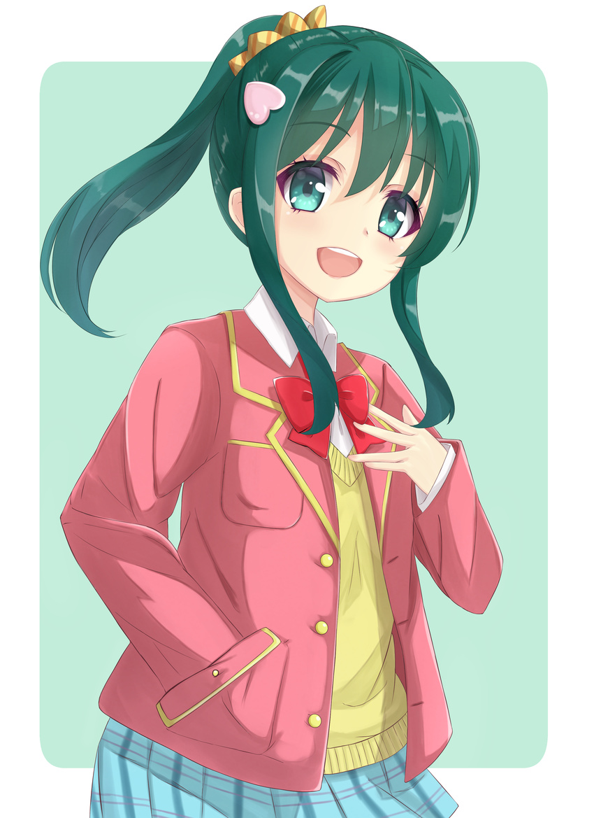 :d absurdres aqua_eyes bad_id bad_pixiv_id blazer blue_skirt bow bowtie breast_pocket collared_shirt commentary_request female green_background green_hair hair_between_eyes hair_ornament hair_scrunchie hand_in_pocket hand_on_own_chest head_tilt heart heart_hair_ornament highres jacket long_sleeves open_clothes open_jacket open_mouth pleated_skirt pocket ponytail red_bow red_bowtie rurukuru school_uniform scrunchie serizawa_momoka shirt skirt smile solo striped_clothes striped_scrunchie sweater_vest tokyo_7th_sisters unbuttoned white_shirt wing_collar yellow_scrunchie