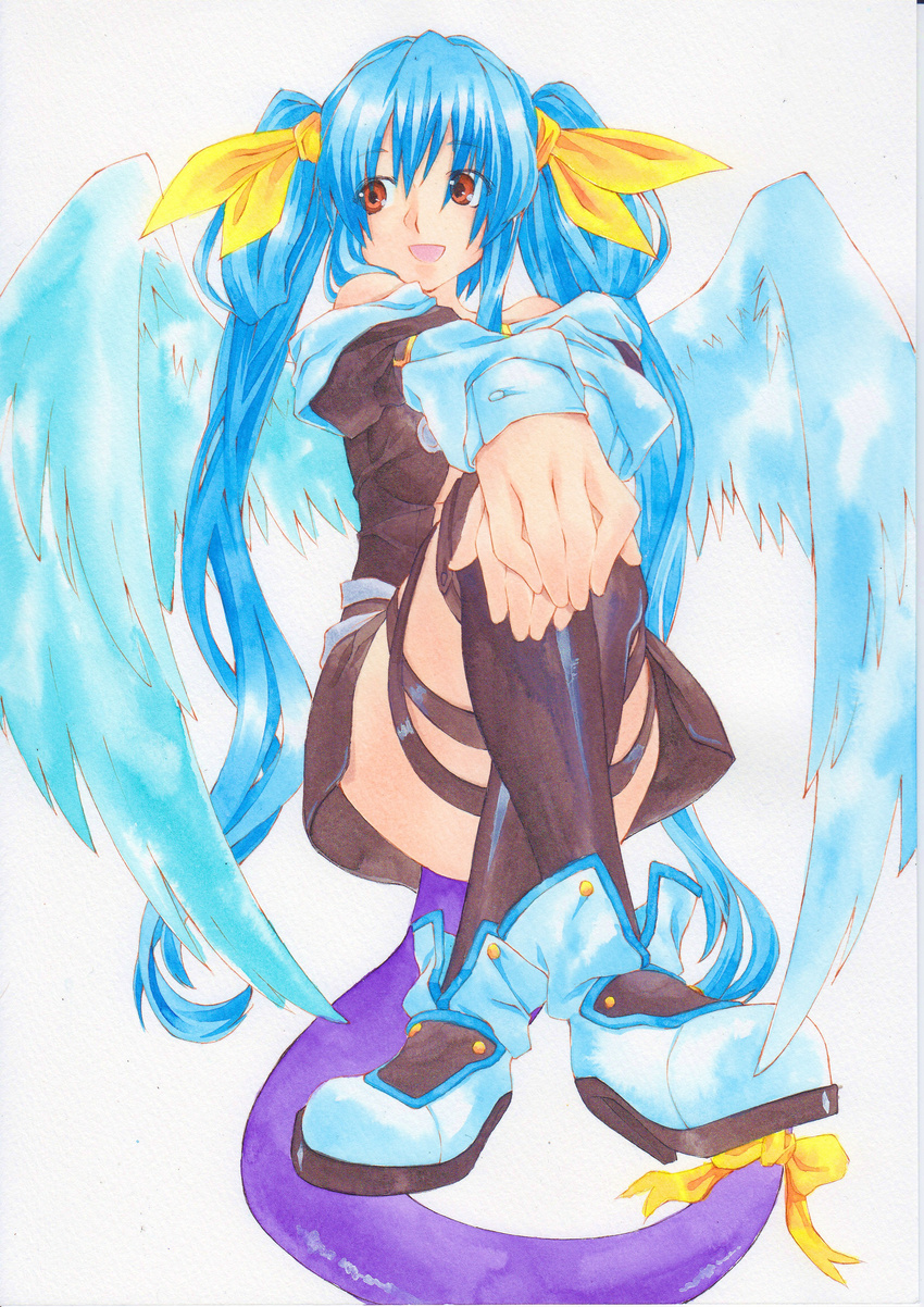 absurdres bare_shoulders blue_hair bow breasts commentary_request dizzy_(guilty_gear) eisuke_(gobangai_hole_boys) feathers female guilty_gear hairbow highres long_hair medium_breasts open_mouth red_eyes ribbon solo tail tail_ornament tail_ribbon thighhighs twintails very_long_hair wings