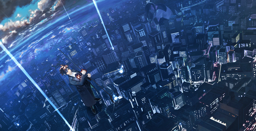 1boy bad_id bad_pixiv_id black_hair blue_theme blurry city city_lights cityscape cloud coat depth_of_field female giant giantess highres horizon light light_particles light_rays long_hair looking_at_viewer looking_to_the_side original pointy_ears profile red_eyes ripples scenery school_uniform serafuku short_hair sitting sky surreal trench_coat weapon zipperradio