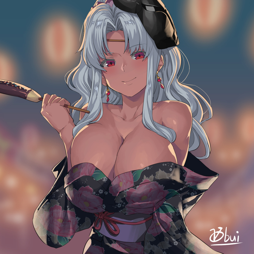 artist_name breasts chocolate_banana cleavage collar collarbone commentary_request daniella_(sennen_sensou_aigis) dark-skinned_female dark_skin earrings female floral_print food holding holding_food huge_breasts japanese_clothes jewelry kimono light_green_hair long_hair long_sleeves looking_at_viewer mask mask_on_head obui off_shoulder red_eyes sennen_sensou_aigis smile solo upper_body