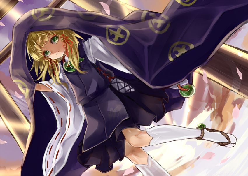 alternate_costume blonde_hair cloak cloud commentary_request day dutch_angle female green_eyes hair_ribbon japanese_clothes kariginu kneehighs light_rays looking_at_viewer magatama moriya_suwako outdoors ribbon sandals short_hair sidelocks sky smile socks solo sunbeam sunlight sunrise tabi torii touhou white_socks wide_sleeves zhu_xiang