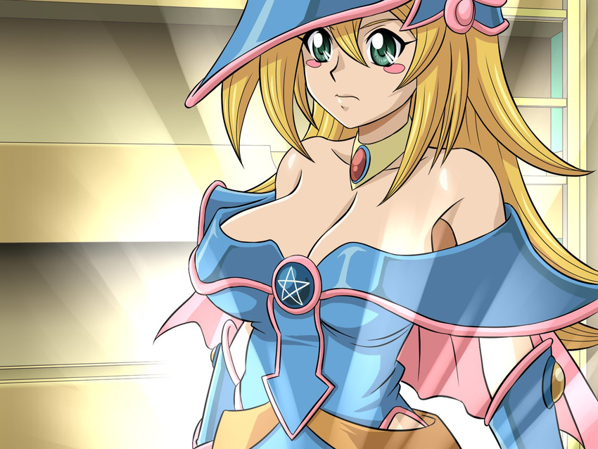 bare_shoulders blonde_hair blush blush_stickers breasts cleavage dark_magician_girl female female glamour_works green_eyes hat large_breasts long_hair no_bra solo summon wallpaper wizard_hat yu-gi-oh! yuu-gi-ou_duel_monsters