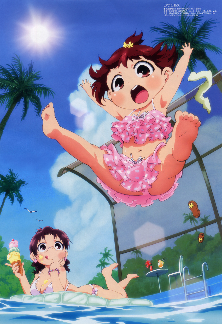 2girls :q \o/ absurdres arms_up bikini bird breasts brown_eyes brown_hair cleavage cloud day drink earrings food glasses head_rest highres ice_cream imageboard_desourced inflatable_raft jewelry jumping kawamoto_mariko kuriyama_aiko lens_flare lolicon lying marui_futaba medium_breasts megami_magazine mitsudomoe_(manga) multiple_girls non-web_source official_art on_stomach open_mouth outdoors outstretched_arms palm_tree polka_dot polka_dot_bikini polka_dot_swimsuit pool pool_ladder red_eyes red_hair seagull shoes side-tie_bikini_bottom sky sun swimsuit table tongue tongue_out tree unworn_shoes water