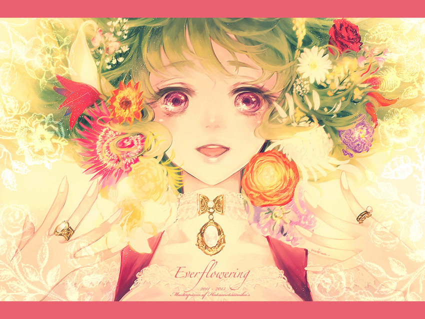 :d adapted_costume alternate_eye_color brooch choker chrysanthemum commentary_request daisy eyelashes female fingernails flower flower_in_eye gem green_hair hair_flower hair_ornament hands_up hatsunetsumiko's jewelry kazami_yuuka lace letterboxed lips long_fingernails looking_at_viewer mochinue nail_polish open_mouth orange_flower pendant pendant_choker portrait purple_eyes purple_flower ranunculus red_flower red_rose red_tulip ring rose short_hair smile solo spread_fingers symbol_in_eye touhou tulip white_flower white_gemstone white_nails yellow_flower