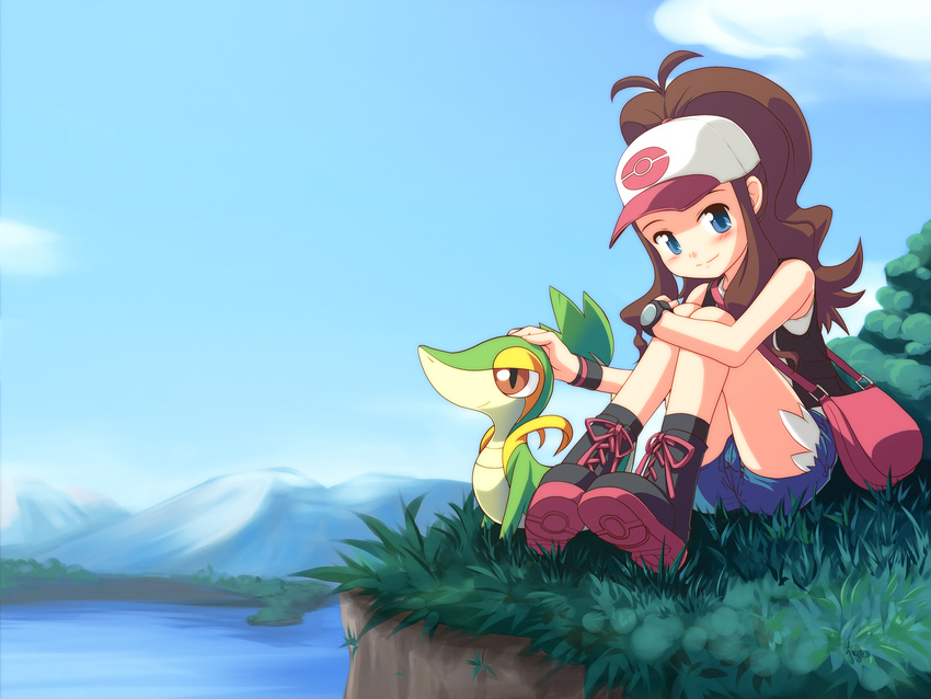 baseball_cap blue_eyes brown_hair commentary_request denim denim_shorts female hat highres hilda_(pokemon) outdoors photoshop_(medium) pokemon pokemon_(creature) pokemon_bw ponytail shorts sitting snivy tdk vest