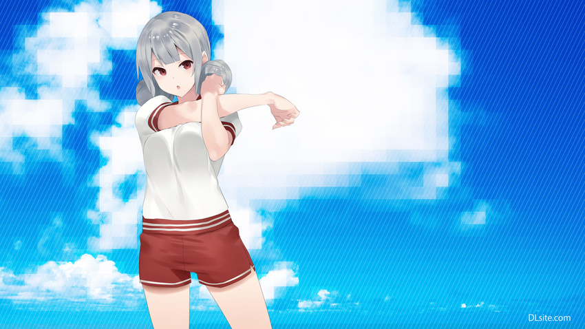 :o blue_sky blunt_bangs cloud cloudy_sky cowboy_shot day dlsite.com double_bun female grey_hair gym_shirt gym_shorts gym_uniform hair_bun highres looking_at_viewer natasha_(pommier) outdoors parted_lips shirt short_sleeves shorts sidelocks sky solo stretching t-shirt thighs twintails watermark web_address white_shirt xi_lily