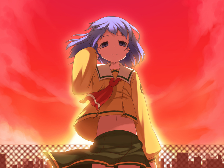 blue_eyes blue_hair commentary_request dusk female highres leaf_(studio) navel rooftop school_uniform shizuku_(game) short_hair shouji_ayumu solo tsukishima_ruriko