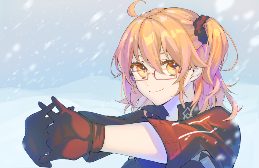 ahoge black_gloves black_scrunchie black_shirt blonde_hair chaldea_logo commentary_request day fate/grand_order fate_(series) female fujimaru_ritsuka_(female) fujimaru_ritsuka_(female)_(polar_chaldea_uniform) glasses gloves hair_between_eyes hair_ornament hair_scrunchie highres hikari50503 looking_at_viewer one_side_up orange_eyes outdoors outstretched_arms portrait rectangular_eyewear red-framed_eyewear scrunchie shirt short_hair short_sleeves smile snowing solo