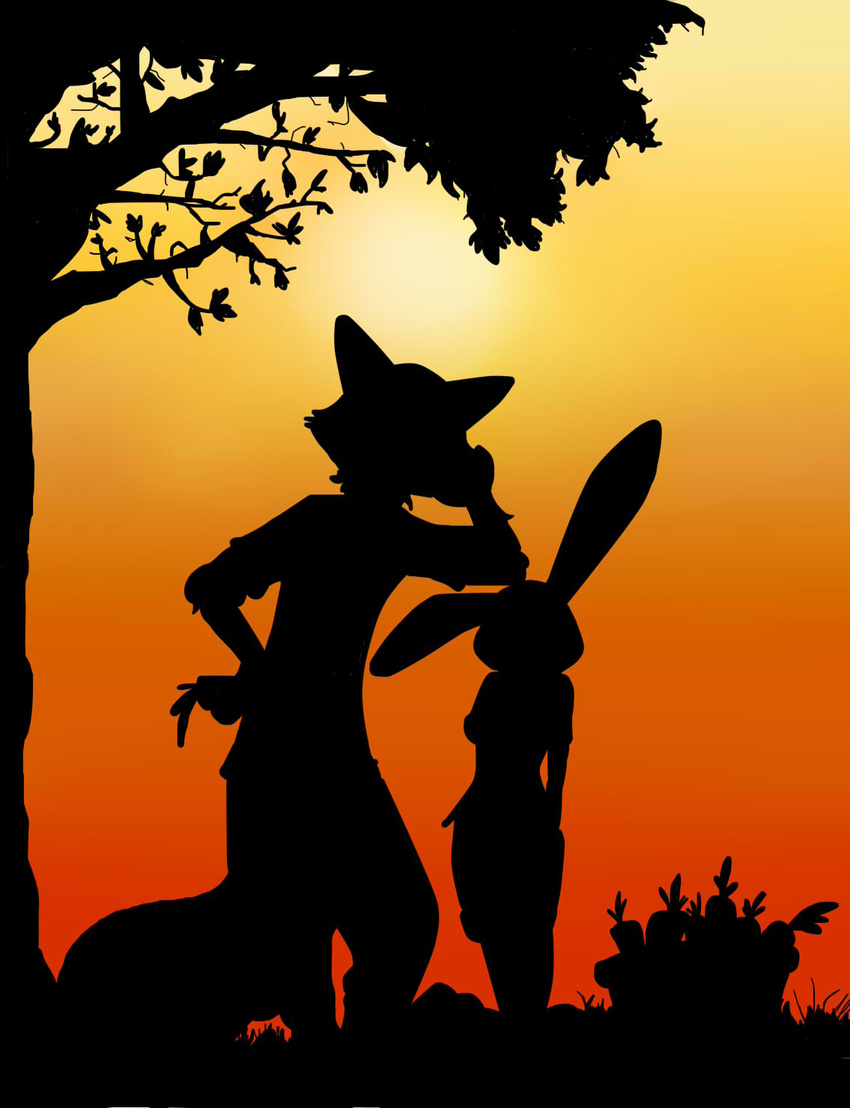 anthro canid canine disney duo female fox frava8 fur hi_res judy_hopps lagomorph leporid male mammal nick_wilde rabbit red_fox silhouette simple_background true_fox zootopia