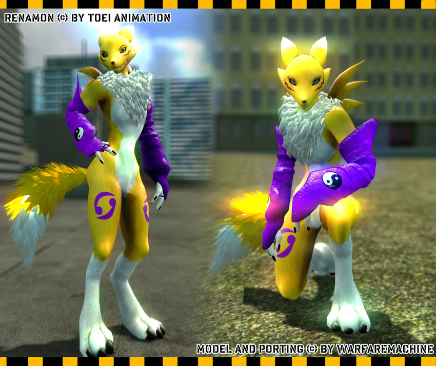 3d_(artwork) ambiguous_gender anthro bandai_namco black_sclera blue_eyes canid canine chest_tuft digimon digimon_(species) digital_media_(artwork) featureless_crotch fur garry's_mod hidden looking_at_viewer mammal multicolored_body multicolored_fur multiple_images pose renamon smile solo source_filmmaker_(artwork) tuft warfare_machine warfare_renamon warfaremachine white_body white_fur yellow_body yellow_fur