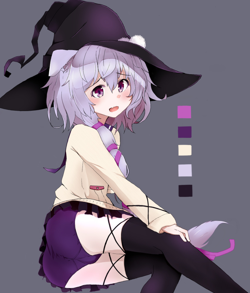 animal_ears ass beige_sweater black_bullet black_hat black_skirt black_thighhighs blush braid casmo cat_ears cat_girl color_guide commentary_request curly_hair female fuse_midori grey_hair hair_between_eyes hair_ribbon hand_on_own_knee hat highres long_hair open_mouth panties pantyshot purple_eyes purple_panties purple_ribbon ribbon simple_background single_braid sitting skirt solo thighhighs thighs underwear upskirt very_long_hair wavy_mouth witch_hat