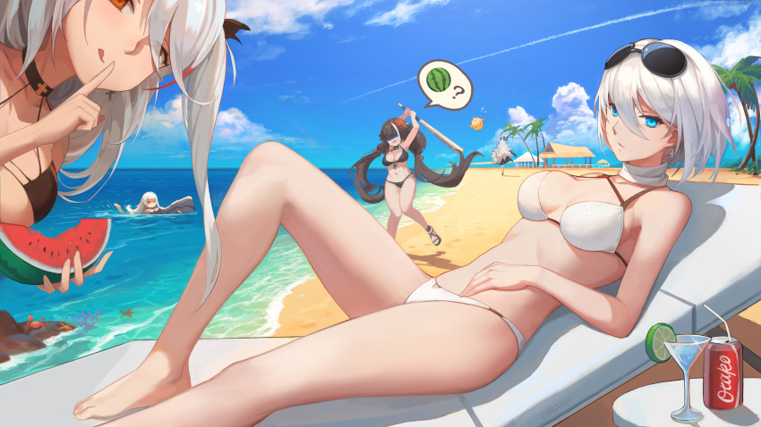 5girls azur_lane bare_shoulders barefoot baseball_bat beach bikini black_hair blindfold blue_eyes blue_sky blush breasts can chair chinese_commentary choker cleavage closed_mouth cocktail_glass collarbone commentary cross cross_earrings cup day deutschland_(azur_lane) drink_can drinking_glass drinking_straw earrings finger_to_mouth flag_print food fruit german_flag_bikini graf_zeppelin_(azur_lane) groin hair_between_eyes hand_on_own_stomach highres holding holding_baseball_bat holding_food jewelry large_breasts leaning_forward linzhong_de_xiongbaobao long_hair looking_at_viewer lounge_chair low_twintails lying manjuu_(azur_lane) multicolored_hair multiple_girls navel ocean official_alternate_costume outdoors palm_tree photoshop_(medium) prinz_eugen_(azur_lane) prinz_eugen_(unfading_smile)_(azur_lane) red_hair revision sand sandals scarf short_hair shushing sky soda_can spoken_food stomach streaked_hair suikawari swimsuit table thighs tirpitz tirpitz_(azur_lane) tirpitz_(snow-melting_summer)_(azur_lane) tree twintails two_side_up underboob very_long_hair wading watermelon waves white_bikini white_hair yellow_eyes z46_(azur_lane)