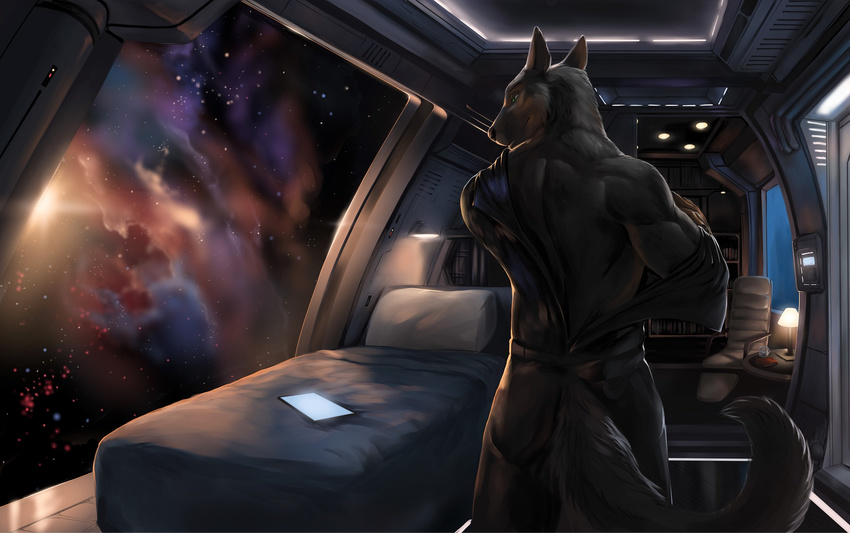 aaros anthro bare_back bed biped black_body black_fur black_nose canid canine canis clothed clothing detailed_background fluffy fluffy_tail fur furniture green_eyes hi_res inside male mammal muscular muscular_anthro muscular_male smile solo space standing tail wolf