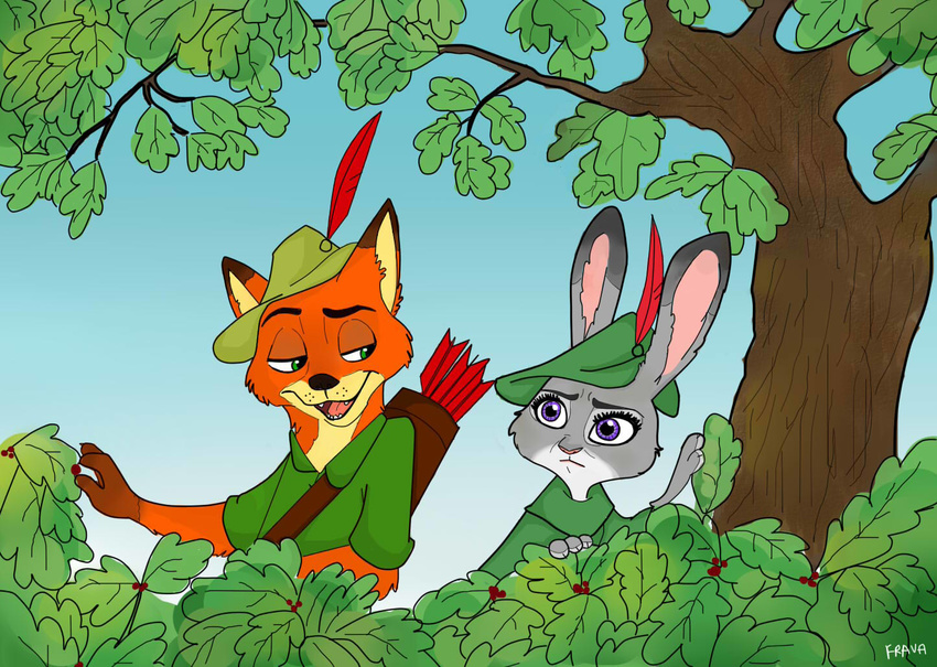 anthro arrow_(weapon) canid canine cosplay crossover crossover_cosplay disney duo female fox frava8 fur judy_hopps lagomorph leporid male mammal nick_wilde quiver_(object) rabbit ranged_weapon red_fox robin_hood_(disney) simple_background smile true_fox weapon zootopia