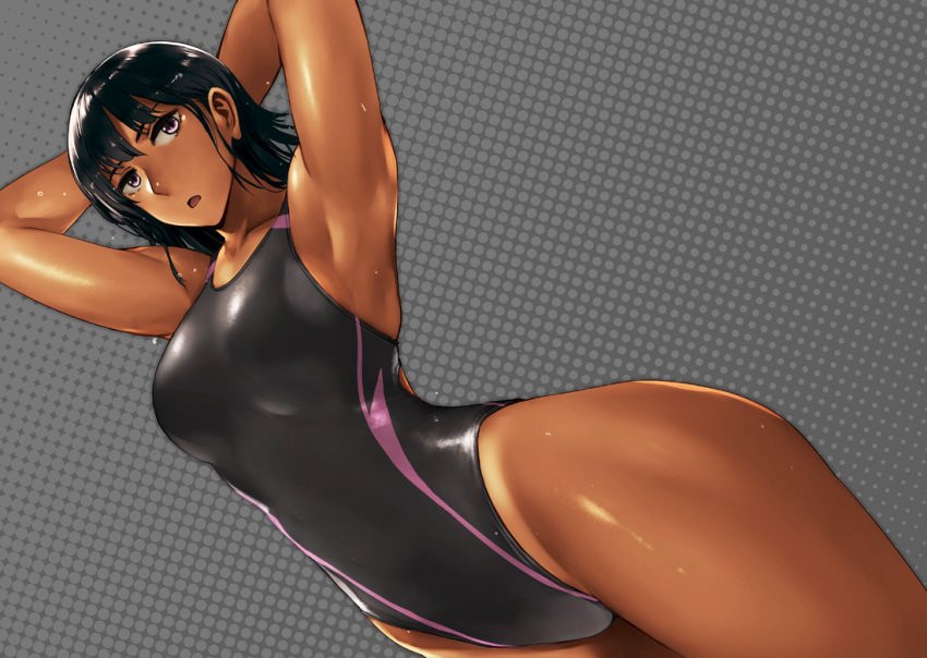 armpits arms_behind_head black_hair black_one-piece_swimsuit breasts commentary_request competition_swimsuit dark-skinned_female dark_skin dutch_angle female grey_background halftone halftone_background looking_at_viewer one-piece_swimsuit one-piece_tan open_mouth original purple_eyes short_hair solo swimsuit takebouzu tan tanlines thighs toned wet