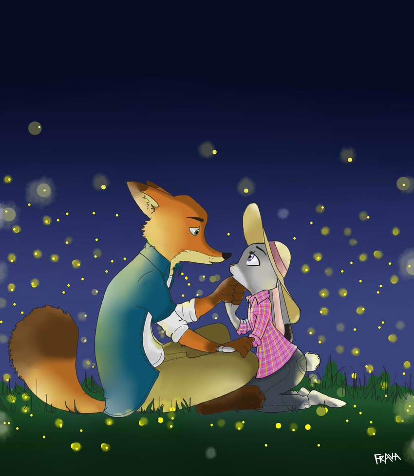 ambient_arthropod ambient_firefly ambient_insect anthro arthropod beetle canid canine disney duo elateroid female firefly fox frava8 fur hi_res insects judy_hopps lagomorph leporid male mammal nick_wilde night rabbit red_fox sitting true_fox zootopia