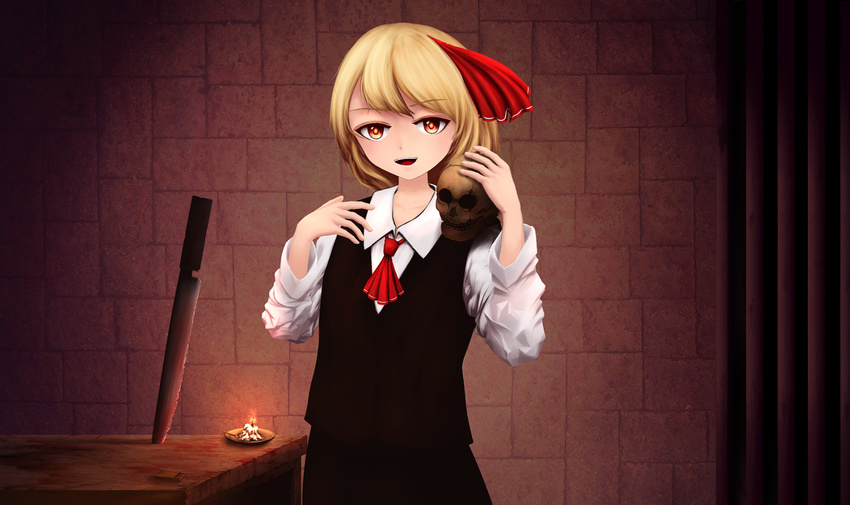 bad_id bad_pixiv_id blonde_hair candle cravat hair_ribbon highres indoors iron_bars knife long_sleeves looking_at_viewer matchbox open_mouth qls-san_(hawatari_30) red_eyes ribbon rumia short_hair skirt skirt_set skull solo stone_wall table touhou wall