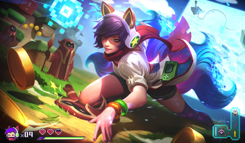 >_< ^_^ ahri_(league_of_legends) alex_flores all_fours alternate_costume animal_ears arcade_ahri bad_artstation_id bad_id bad_source bangle black_shorts blue_eyes bracelet brown_gloves closed_eyes closed_mouth cloud coin controller dutch_angle fake_screenshot female final_boss_veigar fox_ears fox_tail gloves glowing glowing_hand grass hair_over_one_eye handheld_game_console headphones health_bar heart highres holding holding_weapon hood jewelry joystick league_of_legends mole mole_under_eye multiple_tails nail_polish official_art on_ground photoshop_(medium) pixels polearm puffy_short_sleeves puffy_sleeves purple_hair purple_legwear purple_nails red_scarf robe scarf shirt short_shorts short_sleeves shorts single_thighhigh smile spear standing tail thighhighs veigar weapon white_shirt |_|