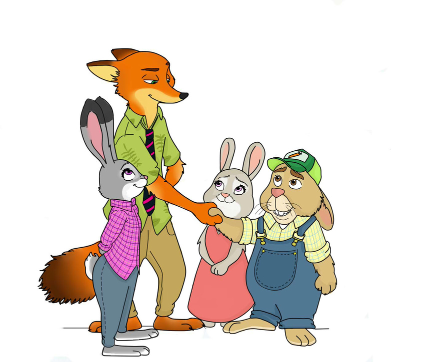 anthro bonnie_hopps canid canine disney female fox frava8 fur gesture group handshake judy_hopps lagomorph leporid male mammal nick_wilde rabbit red_fox simple_background smile stu_hopps true_fox white_background zootopia