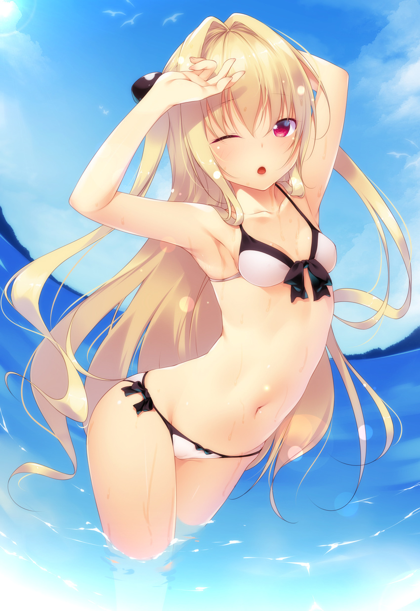 arched_back armpits arms_up ass bad_id bad_pixiv_id bare_shoulders bikini blonde_hair blue_sky blush breasts cleavage cloud collarbone commentary_request day female fisheye front-tie_top hair_intakes highres konjiki_no_yami lens_flare long_hair looking_at_viewer navel ocean one_eye_closed open_mouth outdoors photoshop_(medium) red_eyes shokuyou_mogura side-tie_bikini_bottom sky small_breasts solo standing sun swimsuit to_love-ru to_love-ru_darkness very_long_hair wading water wet white_bikini