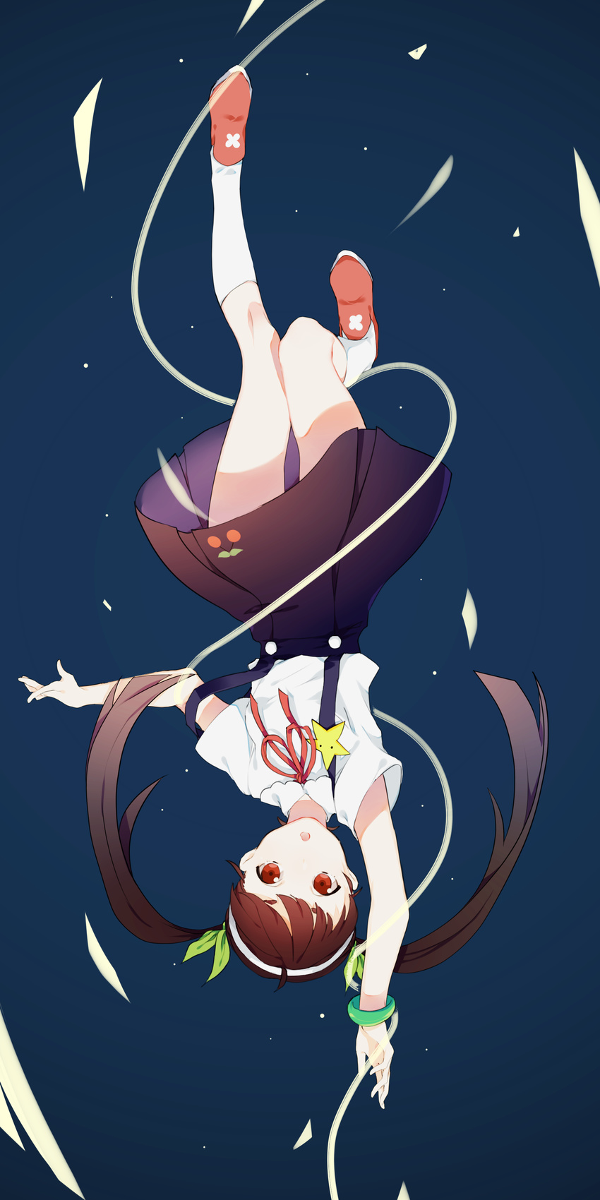 :o absurdres bakemonogatari brown_hair commentary_request female full_body hachikuji_mayoi hairband highres iiiroha kneehighs long_hair looking_at_viewer monogatari_(series) red_eyes ribbon school_uniform skirt socks solo string suspender_skirt suspenders twintails upside-down