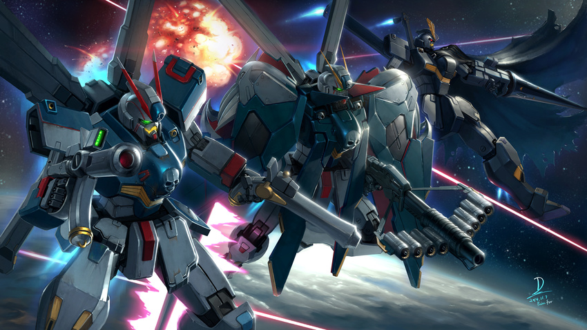 absurdres cape cloak commentary crossbone_gundam crossbone_gundam_x-1 crossbone_gundam_x-1_full_cloth crossbone_gundam_x-2 crossbone_gundam_x-3 duan_henglong energy_sword explosion glowing glowing_eyes gun gundam highres jolly_roger lance mecha no_humans photoshop_(medium) polearm realistic revision robot science_fiction signature skull_and_crossbones space sword torn_clothes weapon